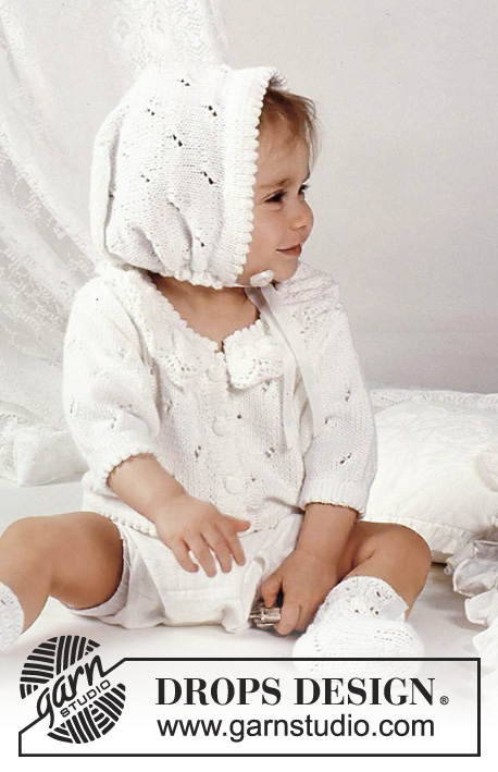 Sweet Smile / DROPS Baby 1-8 - Ażurowy sweterek DROPS z kołnierzem falbanką, czapeczka i skarpetki z włóczki Safran