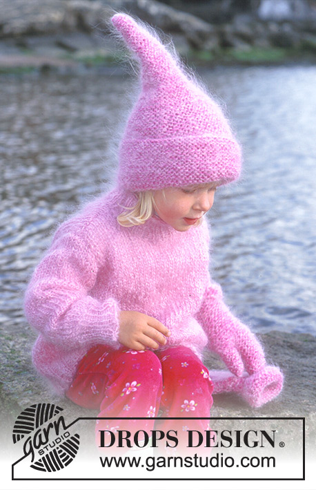 Pink Pixie / DROPS Baby 10-15 - Strikket bluse i DROPS Vienna eller Melody. Hue og Vanter i DROPS Vienna og Baby-ull eller DROPS Melody og Alpaca. Løshals i DROPS Karisma