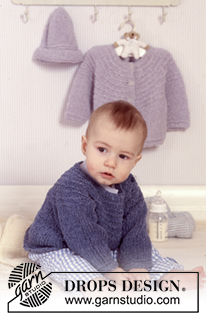 Brume de Mer / DROPS Baby 11-14 - Strikket jakke, genser og lue til baby i DROPS Passion eller DROPS Air. Arbeidet strikkes med rundfelling og strukturmønster i striper. Størrelse 1 mnd - 2 år.