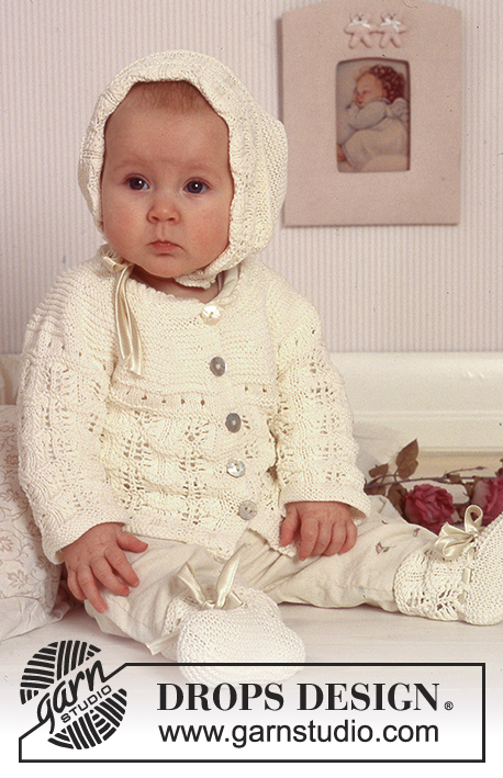 Little Josefine / DROPS Baby 11-17 - DROPS Kofta, hätta och sockor med hålmönster i «Safran».