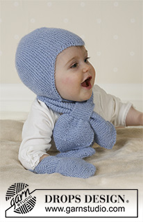 Baby Aviator Hat / DROPS Baby 14-16 - Conjunto de gorro com bicos, cachecol e mitenes para bebé em DROPS Alpaca. Tamanhos: 1 mês - 4 anos.