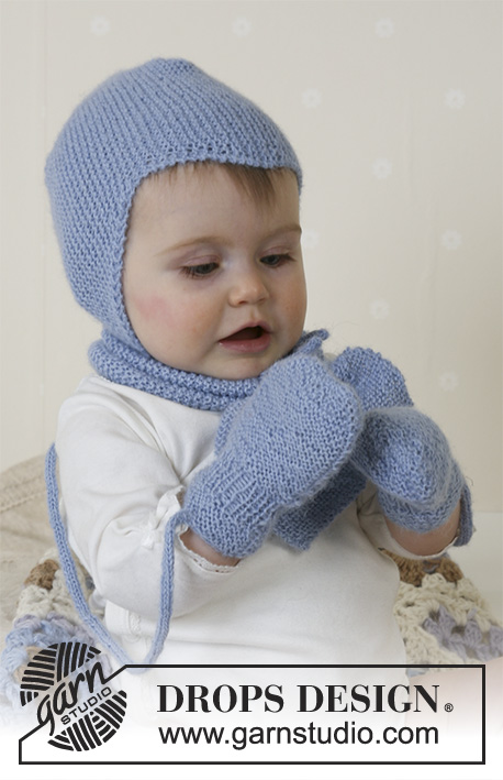 Baby Aviator Hat / DROPS Baby 14-16 - Rätstickat set med hjälmmössa, halsduk och vantar till baby i DROPS Alpaca. Storlek 1 månad till 4 år.