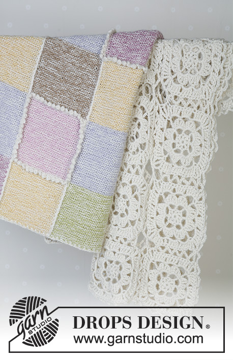 Pastel Checkers / DROPS Baby 14-19 - Manta com quadrados às cores em ponto jarreteira, tricotada com 2 fios DROP Alpaca. Tema: Manta para Bebé