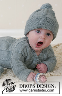 Lille Trille / DROPS Baby 14-2 - Knitted jacket with round yoke and cables, hat with pompons, mittens and socks in DROPS Alpaca for baby and children. Size 1 to 3 years.