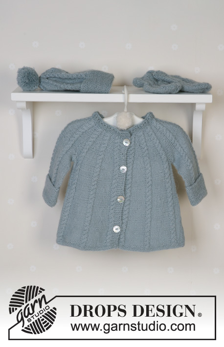 Lille Trille / DROPS Baby 14-2 - Knitted jacket with round yoke and cables, hat with pompons, mittens and socks in DROPS Alpaca for baby and children. Size 1 to 3 years.