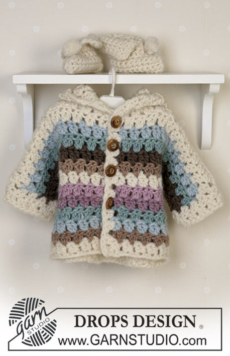 Cozy Cuddle / DROPS Baby 14-25 - Crochet set of striped jacket and slippers in DROPS Snow. Sizes baby and children from 1 month to 4 years.