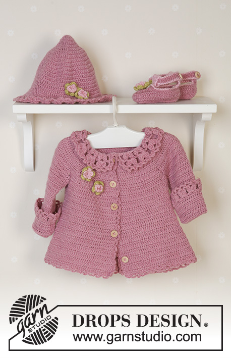 Little Miss Berry Cardigan / DROPS Baby 14-5 - Crochet jacket with round yoke and lace collar, summer hat and slippers in DROPS Alpaca. Sizes for baby and children, 1 month to 4 years.
