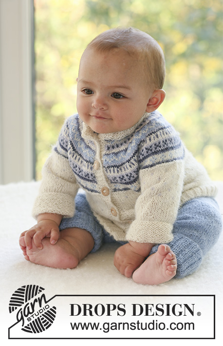 Himmelblå / DROPS Baby 16-10 - Stickad kofta med runt ok och nordiskt mönster samt byxa till baby och barn i DROPS Alpaca.