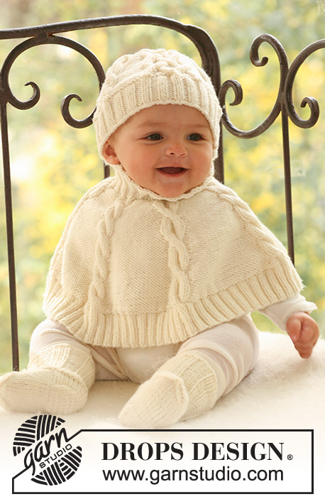 Baby Dove / DROPS Baby 17-5 - Set of knitted poncho and hat with cables plus socks for baby and children in DROPS Merino Extra Fine