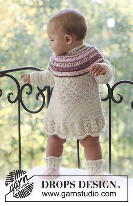 Princess Dora / DROPS Baby 18-13 - Set of knitted dress with round yoke and lace pattern plus booties in DROPS Alpaca for baby and children