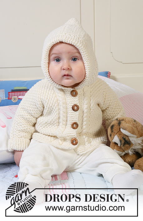 Little Pixie / DROPS Baby 19-5 - Jacket in moss st knitted in one piece with hood, textured pattern and cables for baby and children in DROPS Merino Extra Fine
