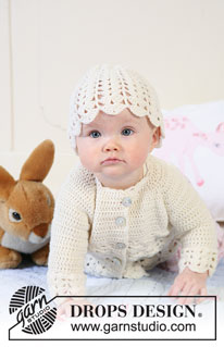 Sweet Buttercup / DROPS Baby 19-8 - Sæt med: Hæklet trøje med raglan og hue med viftemønster til baby og børn i DROPS BabyMerino.