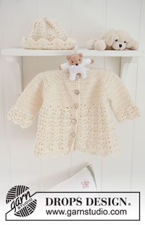 Sweet Buttercup / DROPS Baby 19-8 - Sæt med: Hæklet trøje med raglan og hue med viftemønster til baby og børn i DROPS BabyMerino.