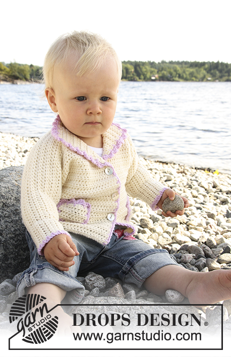 Sophie by the Sea / DROPS Baby 20-17 - Hæklet jakke med lommer til baby og børn i DROPS Merino Extra Fine.