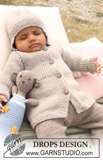 DROPS Baby 20-8 - Sett med strikket jakke, bukse og lue med vrangbord til baby og barn, og heklet bamse i DROPS Merino Extra Fine