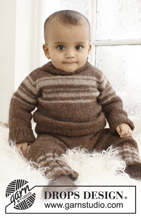 Little William / DROPS Baby 21-30 - Souprava: raglánový pulovr s pruhy a kalhoty pletené z příze DROPS Lima 
