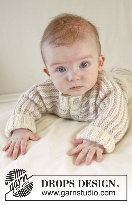 Little Darcy / DROPS Baby 25-18 - Knitted baby jacket in garter st with stripes and rib edges in DROPS Karisma. Size 0 – 4 years