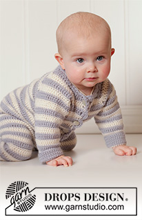 Baby Blues / DROPS Baby 25-34 - Gehäkelter Overall für Babys mit Raglanärmeln und Streifen in DROPS Karisma. Größe 0 - 4 Jahre.