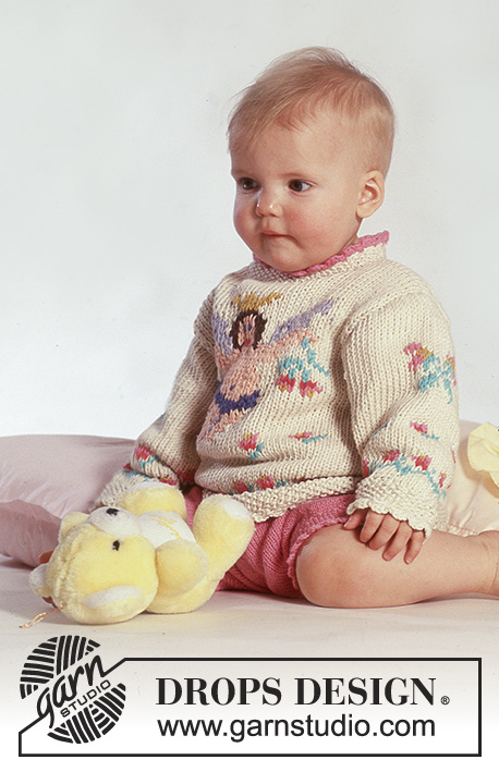Little Angel / DROPS Baby 3-16 - DROPS jumper with angel motif in “Paris” and shorts in “Safran”.