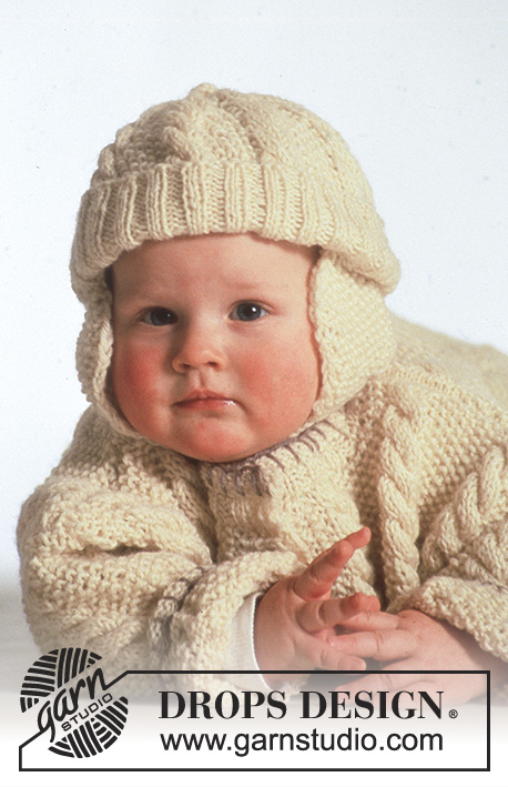 Maximilian / DROPS Baby 3-21 - DROPS jacket with cable pattern, trousers, hat, mittens and booties in “Karisma”
