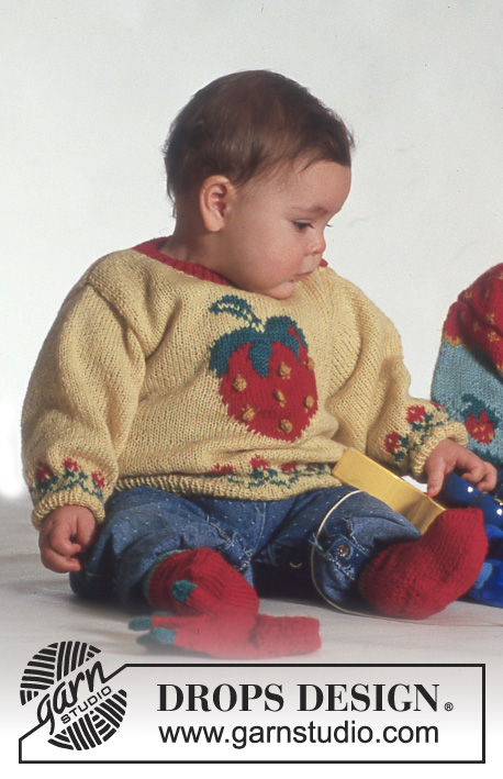 Pick of the Crop / DROPS Baby 3-3 - Strikket sett med genser, lue, vanter og sokker til baby og barn i DROPS Baby Merino og DROPS Alpaca. Arbeidet strikkes med boblemønster og flerfarget mønster med jordbær. Størrelse 3 mnd - 3 år.
