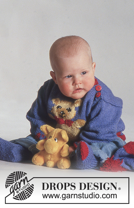 Bear Friends / DROPS Baby 3-4 - Pull bébé tricoté en DROPS BabyMerino et DROPS Alpaca avec ourson. Chaussettes et bonnet tricotés en BabyMerino et Alpaca. Du 3 mois au 3 ans.