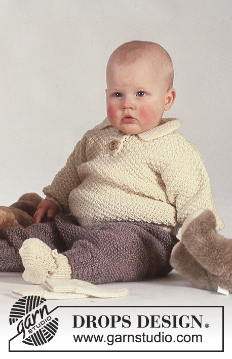 Lucas / DROPS Baby 3-5 - DROPS trui, broek en slofjes in gerstekorrel in “Karisma”.