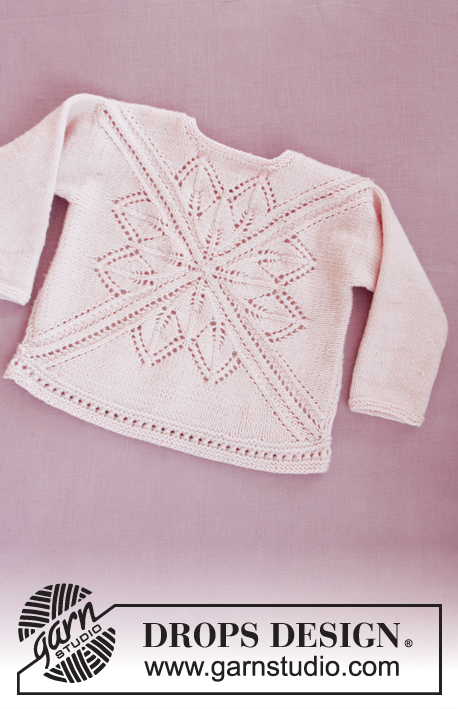 Spring Princess / DROPS Baby 31-13 - Dětský pulovr s listovým a ažurovým vzorem, pletený do čtverce od středu k okrajům z příze DROPS BabyMerino. Velikost 1 měsíc - 4 roky.