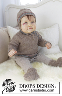Ready, Set, Go / DROPS Baby 31-18 - Das Set umfasst: Pullover mit Streifen und Raglanärmeln für Babys, gestrickt von oben nach unten. Mütze mit Streifen und Ohrklappen und Socken für Babys. Größe Frühchen - 4 Jahre. Das Set wird gestrickt in DROPS Alpaca.