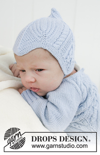 Celestina Hat / DROPS Baby 31-7 - Gorro de punto con torsadas y punto musgo para bebé. Tallas 1 mes – 4 años. La pieza está tejida en DROP BabyMerino.