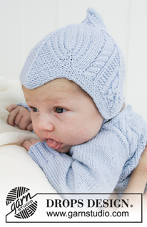 Celestina Hat / DROPS Baby 31-7 - Gorro de punto con torsadas y punto musgo para bebé. Tallas 1 mes – 4 años. La pieza está tejida en DROP BabyMerino.