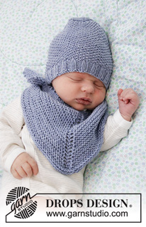 Baby Talk Set / DROPS Baby 33-29 - Knitted hat and shawl for baby in DROPS BabyMerino with moss stitch and garter stitch.  Size: Premature - 4 years (= hat) and one-size (= shawl scarf).