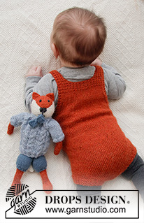 Baby Fox Onesie / DROPS Baby 36-2 - Knitted body for babies in DROPS Alpaca. The piece is worked with a fox-pattern, with straps and pocket.
Sizes: Premature – 4 years.