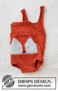 Baby Fox Onesie / DROPS Baby 36-2 - Stickad body till baby i DROPS Alpaca. Arbetet stickas med rävmönster, hängslen och ficka.
Storlek prematur – 4 år. 
