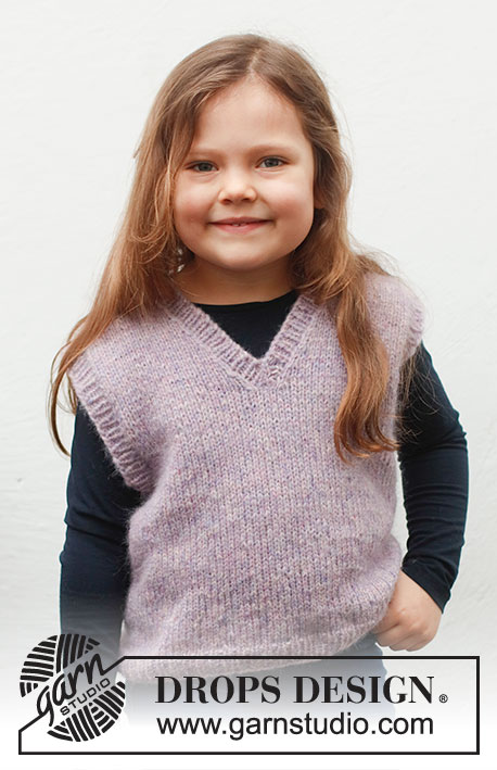 Lavender Smiles / DROPS Baby & Children 38-23 - Pull sans manches avec col V tricoté pour enfant en DROPS Air. Se tricote entièrement en jersey, avec bordures en côtes. Du 3 au 12 ans.