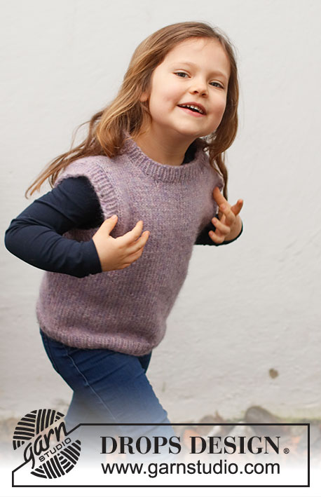 Lavender Smiles / DROPS Baby & Children 38-24 - Colete para criança tricotado em DROPS Air. Tricota-se totalmente em ponto meia com orla em canelado. Tamanhos : 3 - 12 anos.