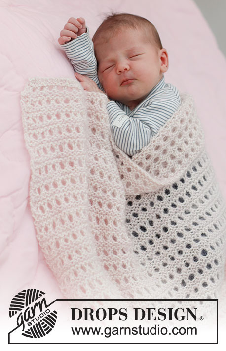 Sweet Baby Blossom / DROPS Baby & Children 39-5 - Couverture tricotée pour bébé au point ajouré, en DROPS BabyMerino et DROPS Kid-Silk.