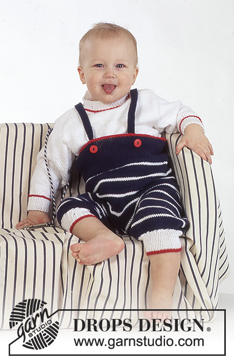 Petit Marin / DROPS Baby 4-11 - Strikket sett med genser, bukse og lue til baby og barn i DROPS Safran. Arbeidet strikkes med striper. Størrelse 3 mnd - 4 år. Tema: Maritim