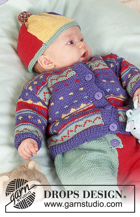 Benjamin / DROPS Baby 4-15 - Strikket jakke til baby og barn i DROPS Baby Merino. Arbeidet strikkes med flerfarget mønster med border. Størrelse 3 mnd - 4 år.