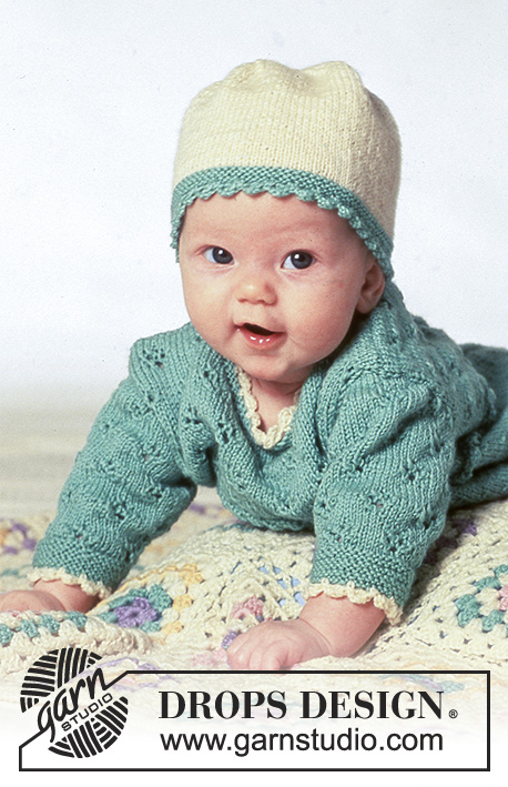 Hint of Mint / DROPS Baby 4-17 - DROPS jumpsuit or dress with lace pattern, hat and socks in “BabyMerino”.