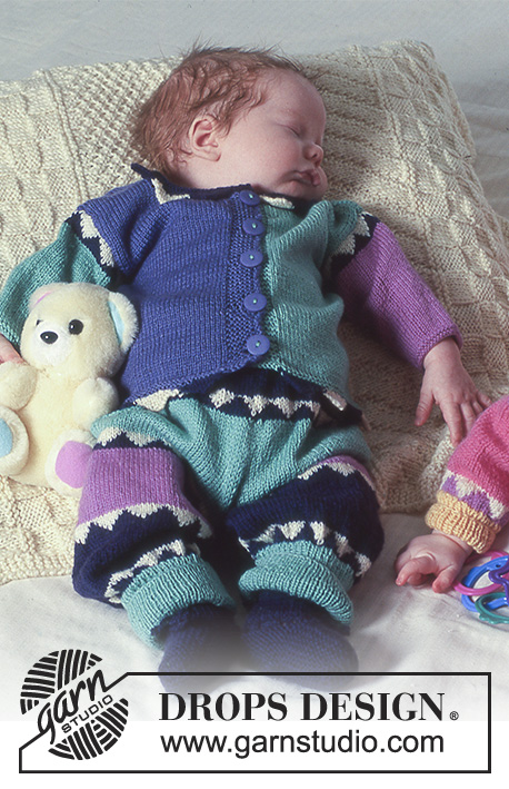 Circus Act / DROPS Baby 4-4 - DROPS long sleeved jumpsuit in harlequin pattern, hat and socks in “BabyMerino”.