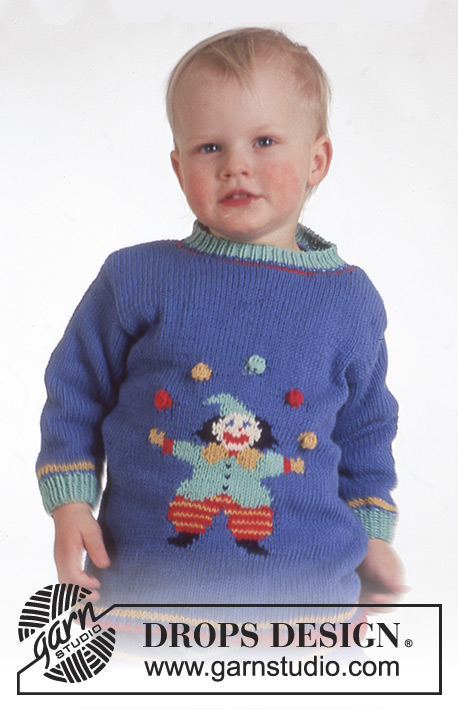 Clown in Town / DROPS Baby 4-5 - Sweter DROPS z motywem z motywem klauna i spodenki z włóczki Muskat lub Lima.