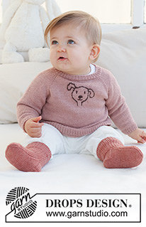 Woof Woof Sweater / DROPS Baby 42-1 - Dětský a baby raglánový pulovr s vyšitým pejskem pletený shora dolů z příze DROPS BabyMerino. Velikost 0 - 4 roky.