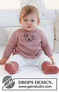 Woof Woof Sweater / DROPS Baby 42-1 - Dětský a baby raglánový pulovr s vyšitým pejskem pletený shora dolů z příze DROPS BabyMerino. Velikost 0 - 4 roky.