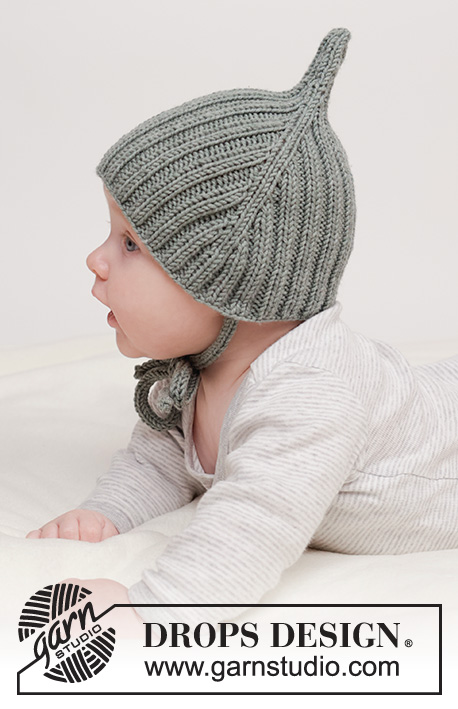 Forest Pixie Hat / DROPS Baby 45-4 - Gorro tricotado para bebé e criança, em DROPS Merino Extra Fine. Tricota-se de cima para baixo, com canelado. Tamanhos : 0 - 4 anos.