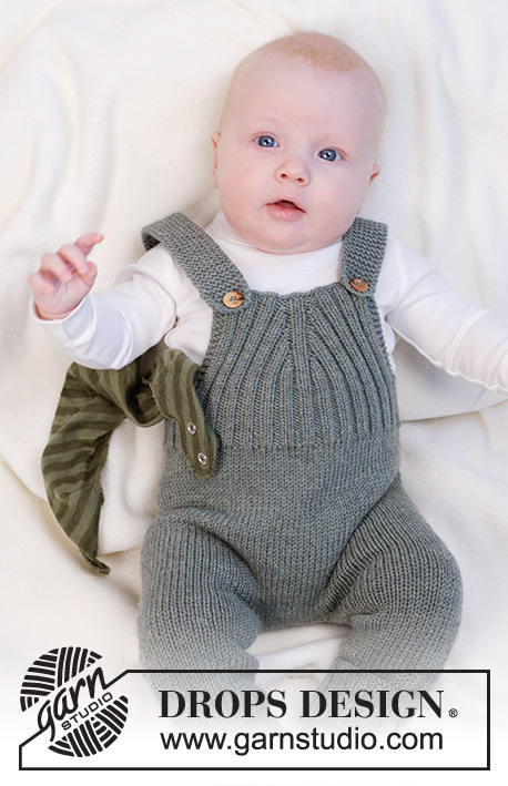 Good Times Overall / DROPS Baby 45-7 - Knitted pants with straps for baby in DROPS Merino Extra Fine. Piece knitted top down with rib. Size 0 - 4 years
