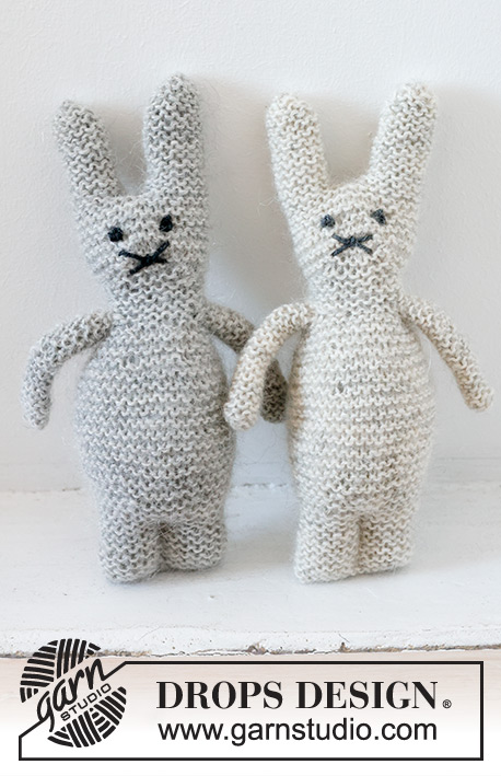 The Bunny Bunch / DROPS Baby 46-18 - Knitted bunny for babies and children in DROPS Alpaca and DROPS Kid-Silk or 1 strand DROPS Brushed Alpaca Silk. The piece is worked back and forth in garter stitch. Theme: Soft toys.