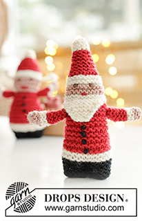 Hello Santa / DROPS Baby 46-21 - Dziecięce zabawki na drutach: Mikołaj i Mikołajowa z włóczki DROPS Merino Extra Fine. Przerabiane od dołu do góry, ściegiem francuskim, z haftami.