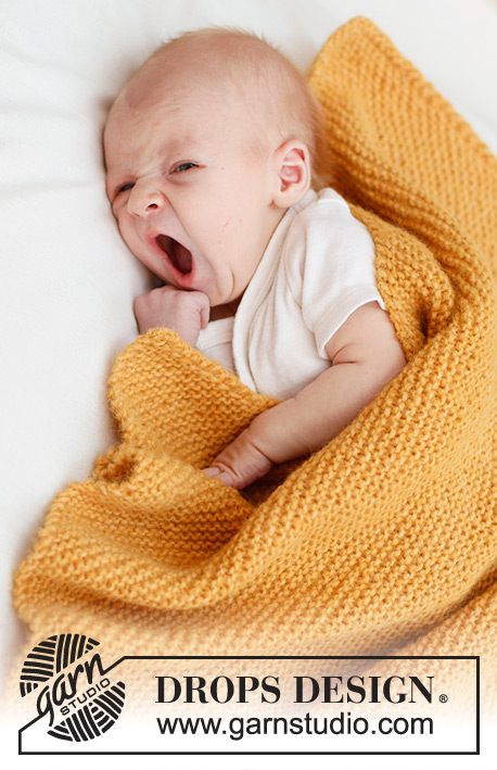 Marigold Dreams Blanket / DROPS Baby 46-6 - Coperta da neonati lavorata ai ferri in DROPS Air. Lavorata a maglia legaccio, da angolo ad angolo. Tema: Coperta per bambini.