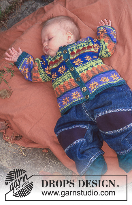 Garden Nap / DROPS Baby 6-12 - Strikket jakke til baby og barn i DROPS Safran. Arbeidet strikkes med flerfarget mønster med planter og blomster. Størrelse 0 - 6 år.